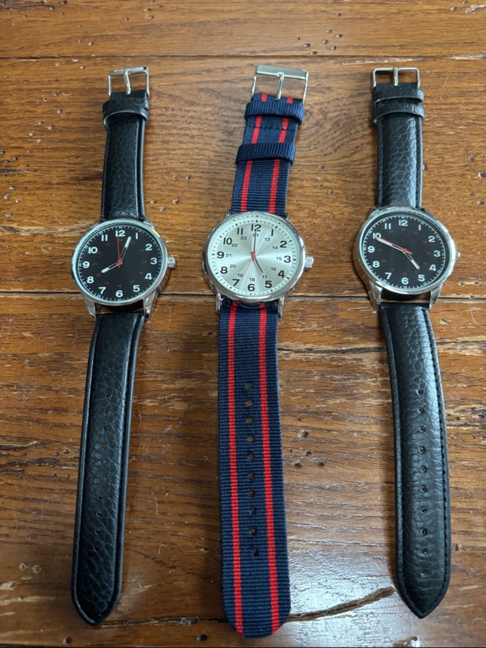 Set of Three Classic Analog Wrist Watches Navy/Red and Black Faux Leather Bands